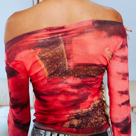 SONIA FORTUNA ORANGE AND BORDEAUX FAUX OSTRICH LONG SLEEVE TOP - Picture 2 of 3